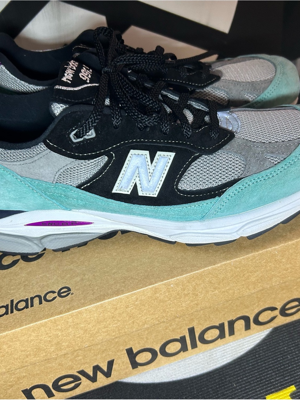 New Balance Gray, Black & Teal Suede Mesh Sneakers